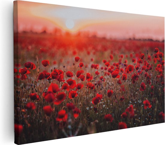 Artaza - Peinture sur toile - Champ de fleurs de coquelicots rouges Coucher de soleil - 120 x 80 - Groot - Photo sur toile - Impression sur toile