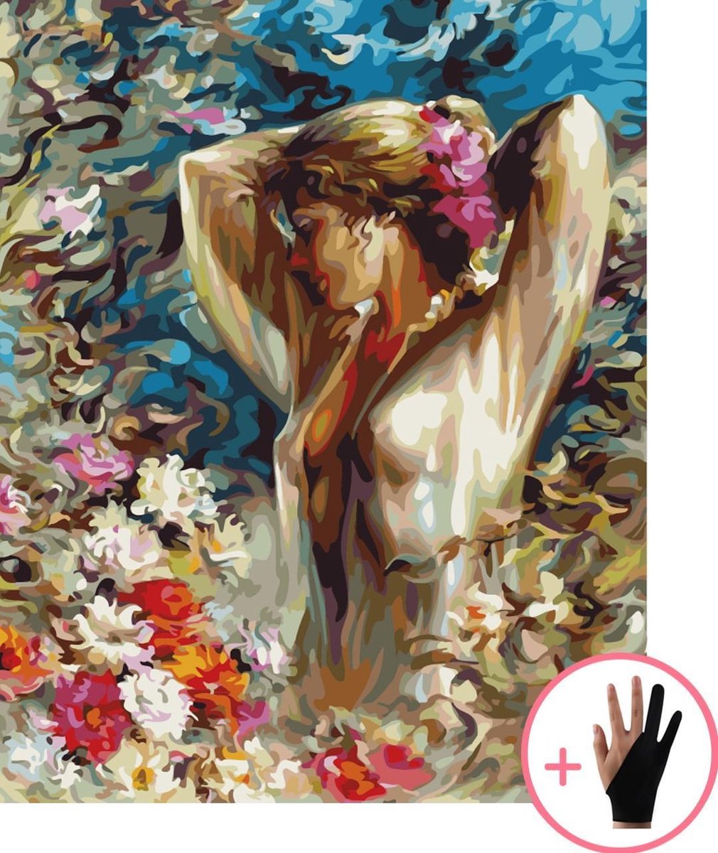 Schilderen Op Nummer Volwassenen Erotische Dame In Bloemenveld - 40x50 cm - Inclusief Tekenhandschoen - Paint By Number Volwassenen