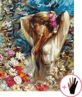Peinture par nombre Adultes Dame érotique dans un champ de fleurs - 40x50 cm - Comprend un gant de dessin - Peinture par nombre d' Adultes