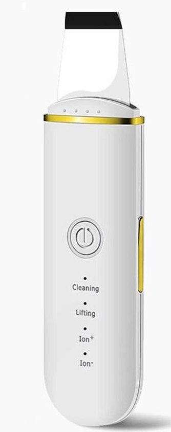 Witte ultrasone huidscrubber met gouden accenten, 24K vibratiespatel voor diepe reiniging.