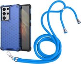 Voor Samsung Galaxy S21 Ultra 5G Schokbestendig Honingraat PC + TPU Case met Nekkoord (Blauw)