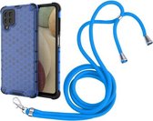 Voor Samsung Galaxy A12 5G Schokbestendige Honingraat PC + TPU Case met Nekkoord (Blauw)