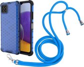 Voor Samsung Galaxy A22 5G Schokbestendige Honingraat PC + TPU Case met Nekkoord (Blauw)