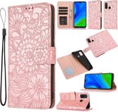 Voor Huawei P smart 2020 Huid Voelen Reliëf Zonnebloem Horizontale Flip Lederen Case met Houder & Kaartsleuven & Portemonnee & Lanyard (Rose Goud)