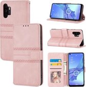 Voor Samsung Galaxy A32 4G Reliëf Gestreepte Magnetische Gesp PU + TPU Horizontale Flip Lederen Case met Houder & Kaartsleuf & Portemonnee & Fotolijst & Sling (Roze)