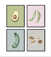 Poster Set 4 Advocado Boontjes Courget Paddenstoelen Groente / Fruit Poster Handgetekend - Keuken - Muurdecoratie - 50x40cm - PosterCity