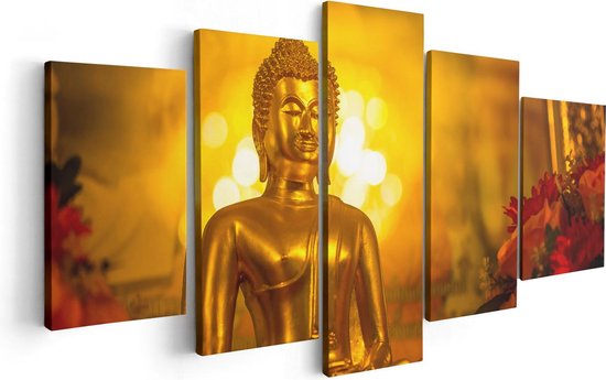 Artaza Canvas Schilderij Vijfluik Gouden Boeddha Beeld - 100x50 - Foto Op Canvas - Canvas Print