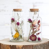2 Bouteilles en Verres avec fleurs séchées et liège - Bouquet de Fleurs séchées en verre - h.16 Ø8 cm - Set de 2 - Décoration Fleurs séchées