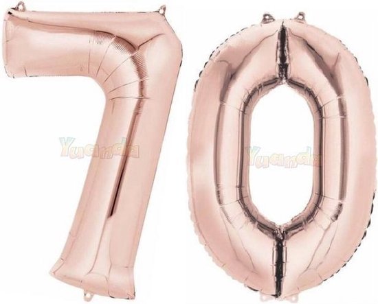 70 Jaar Folie Ballonnen Rosé Goud - Happy Birthday - Foil Balloon - Versiering - Verjaardag - Man / Vrouw - Feest - Inclusief Opblaas Stokje & Clip - XXL - 115 cm