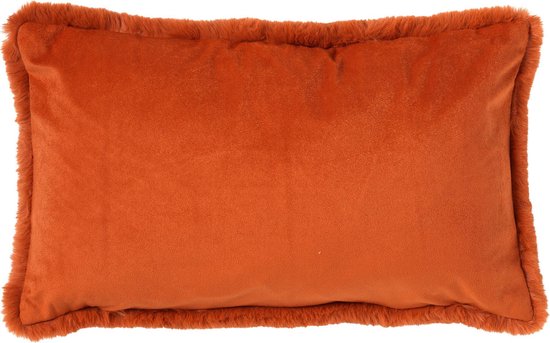 Oranje fluwelen sierkussen 30x50 cm met decoratieve bontrand.