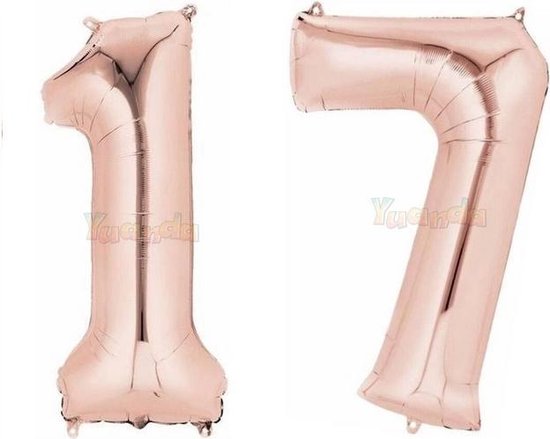 17 Jaar Folie Ballonnen Rosé Goud - Happy Birthday - Foil Balloon - Versiering - Verjaardag - Jongen / Meisje - Feest - Inclusief Opblaas Stokje & Clip - XXL - 115 cm