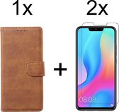 Huawei P Smart 2018 hoesje bookcase bruin wallet case portemonnee hoes cover hoesjes - 2x Huawei P Smart 2018 screenprotector