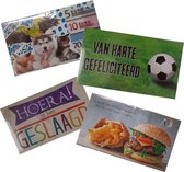 4 x Geld-kado-envelop collectie C- Hartelijk gefeliciteerd voetbal- beestenboel- geslaagd en hamburger.