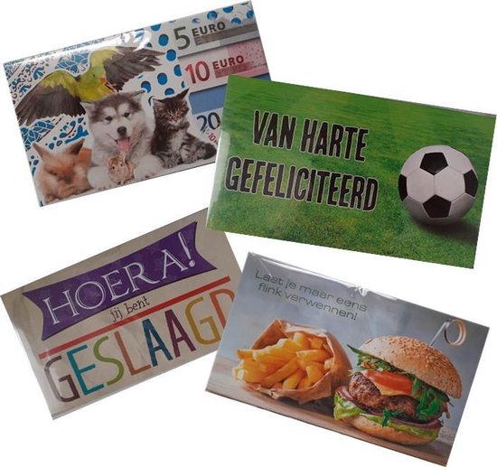 Vier kaarten: dieren, "VAN HARTE GEFELICITEERD" met voetbal, "HOERA! jij bent GESLAAGD" en hamburger met frietjes.