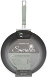Lichtgroene koekenpan met een donkergrijze binnenkant. Label: 'Smeralda', 'La tua scelta salutare', 'Made in Italy'.