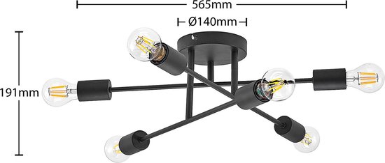 Lindby - plafondlamp - 6 lichts - ijzer - H: 19 cm - E27 - zwart