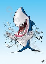 POSTER Cartoon - Tandarts, Mondhygiënist, Orthodontist - Flossende haai - 50 x 70 cm door Roland Hols