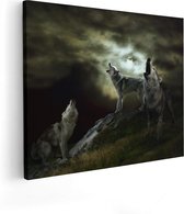 Artaza Canvas Schilderij Drie Huilende Wolven Tijdens Volle Maan - 100x80 - Groot - Foto Op Canvas - Canvas Print