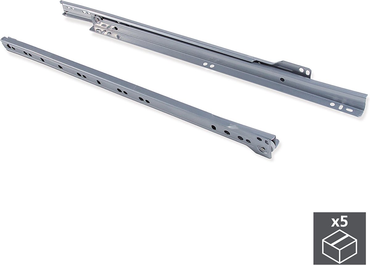 Emuca Set ladegeleiders met rolgeleiding, zelf sluitings, 450 mm, voor gedeeltelijke opening, Metallic grijs, 5 st.
