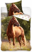 Paarden dekbedovertrek , bruin Paard bloemenweide-140x200 cm , 100% katoen- 1 persoons- dekbed- slaapkamer.