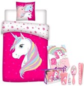 Unicorn Dekbedovertrek Stars - Eenpersoons - 140 x 200 cm - Polyester - roze , incl. toilettas Unicorn gevuld.