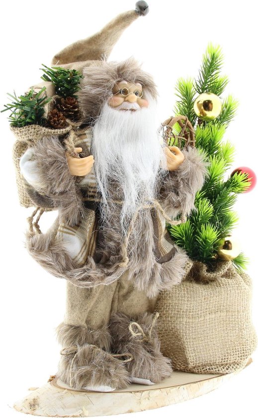 Luxe Afgewerkte Kerst Decoratie Kerstman Staand Naast Kerstboom - Wit-Bruin - 30cm