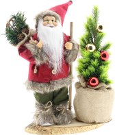 Luxe Afgewerkte Kerst Decoratie Kerstman Staand Naast Kerstboom - Rood-Grijs - 30cm