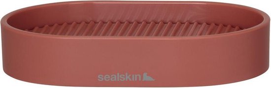 Porte-savon ovale, rose foncé, avec un fond côtelé et le logo 'Sealskin'.