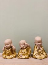 Set van 3  boeddha monniken horen-zien-zwijgen-goud.