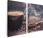 Artaza Canvas Schilderij Tweeluik Hete Koffie Kop Met Koffiebonen - 80x60 - Foto Op Canvas - Canvas Print