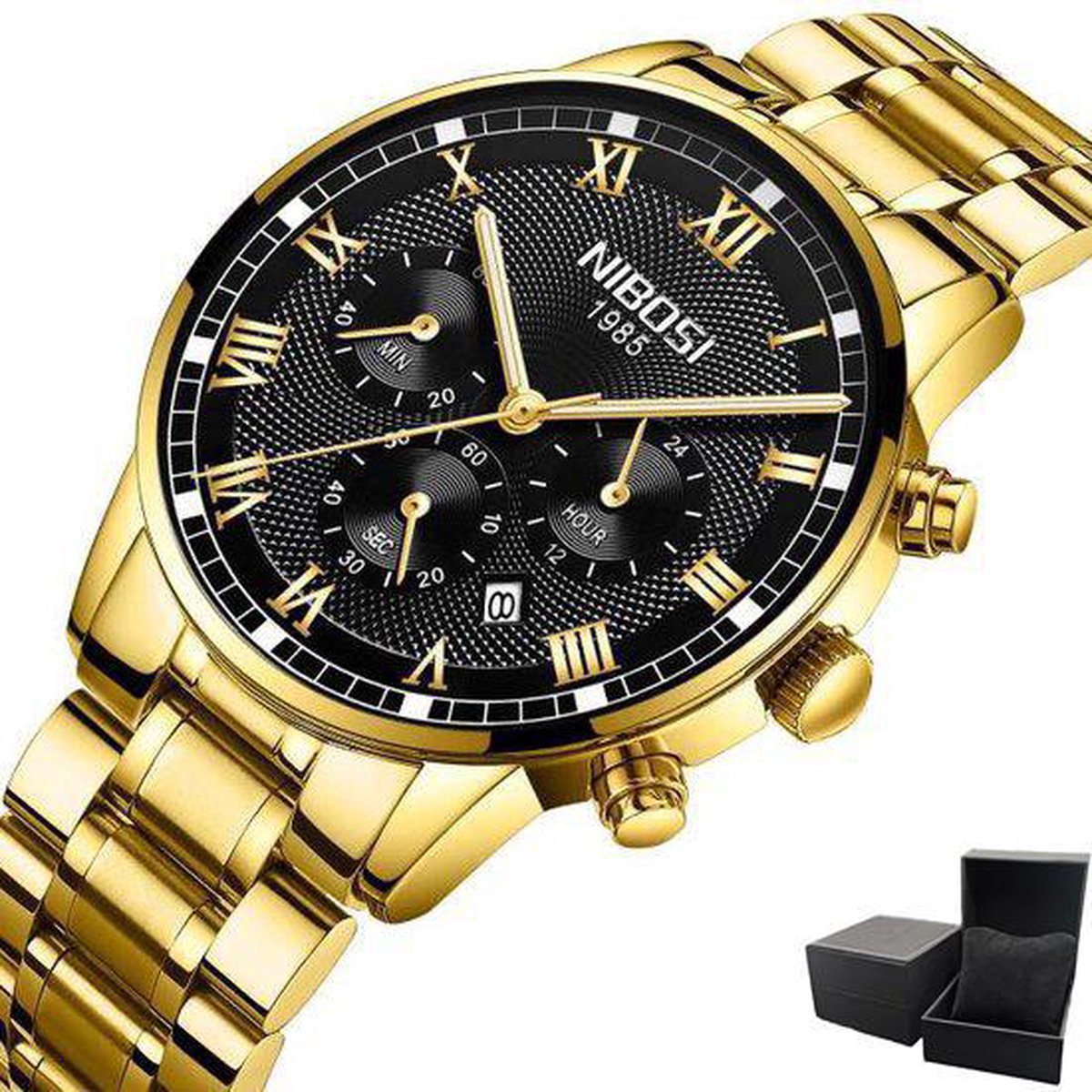 NIBOSI - Horloge voor mannen - Goudkleurig-Zwart - Quartz - 42mm - RVS - 3 ATM waterdicht