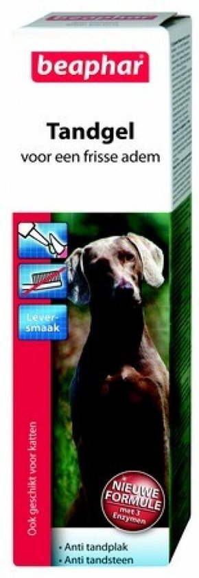Verpakking met een hond, tandheelkundige iconen en tekst "Tandgel voor een frisse adem".