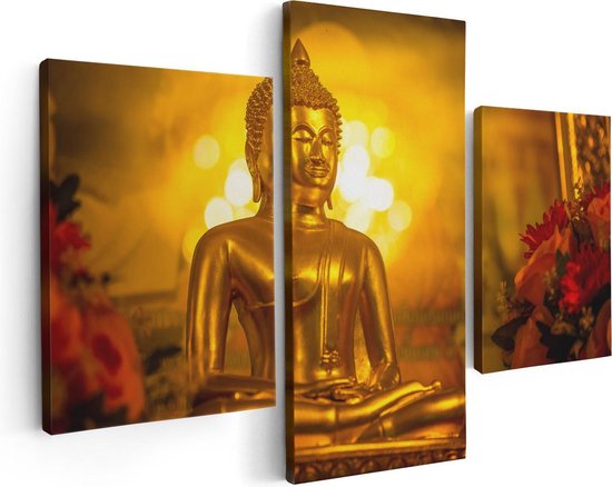 Artaza Canvas Schilderij Drieluik Gouden Boeddha Beeld - 90x60 - Foto Op Canvas - Canvas Print