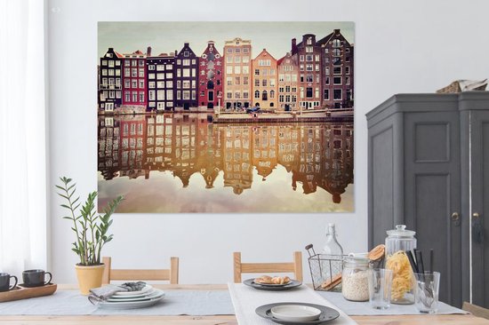 Réflexion des façades typiques dans l'eau en toile 180x120 cm - Tirage photo sur toile peinture Décoration murale salon / chambre à coucher) / Villes toile Peintures XXL / Groot format!