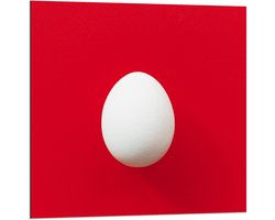 Dibond - Wit EI met Rode Achtergrond - 80x80cm Foto op Aluminium (Wanddecoratie van metaal)