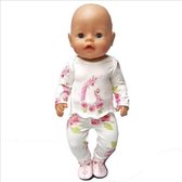 Dolldreams | Poppenkleding - Wit broek en shirt met eenhoorn - Geschikt voor o.a. Baby Born pop tot 43 CM