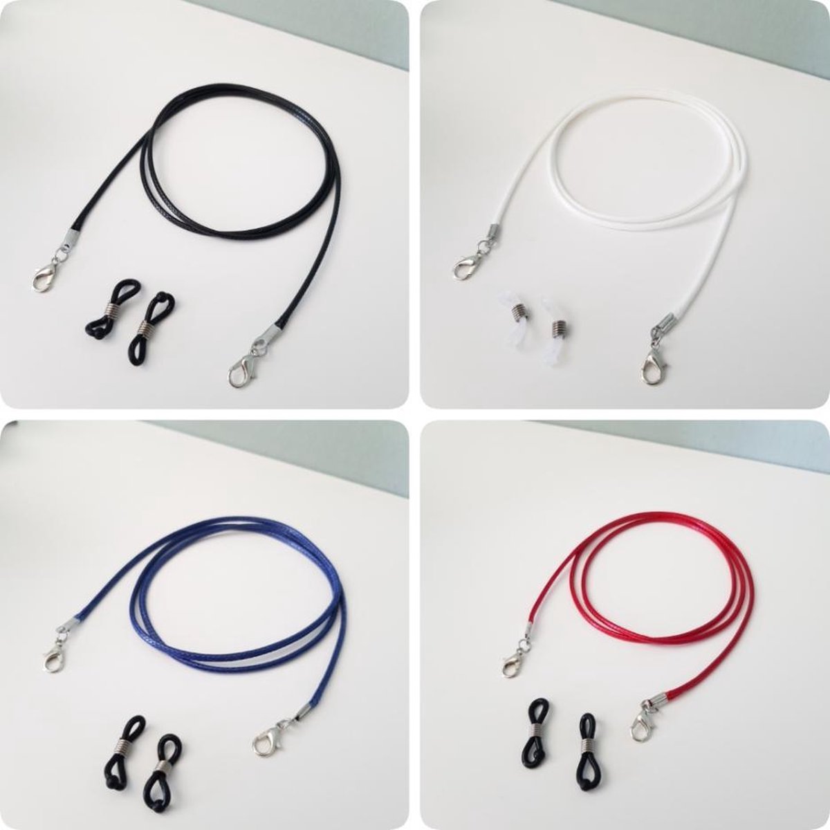 Zonne- Brillenkoord- Mondkapje koord touw- Ketting koord voor mannen, vrouwen- 4 stuks koord 70 cm rood, blauw, zwart, Wit