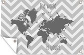 Muurdecoratie Een grijze wereldkaart met Engelse tekst - zwart wit - 180x120 cm - Tuinposter - Tuindoek - Buitenposter