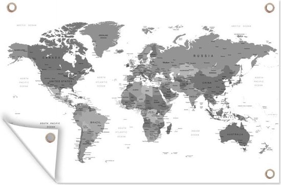 Tuindecoratie Wereldkaart in grijstinten - zwart wit - 60x40 cm - Tuinposter - Tuindoek - Buitenposter