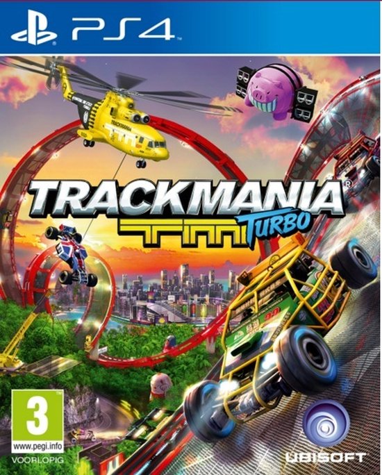 Trackmania Turbo PS4 speldoos met raceauto's, achtbanen en een stad.