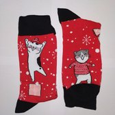 Vrolijke Mannen - Kerst - Sokken - Katten - Rood Multi - Maat 40-46
