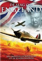 DVD-cover 'De Slag om Engeland' met een Britse vlag, Winston Churchill, gevechtsvliegtuigen en explosies.