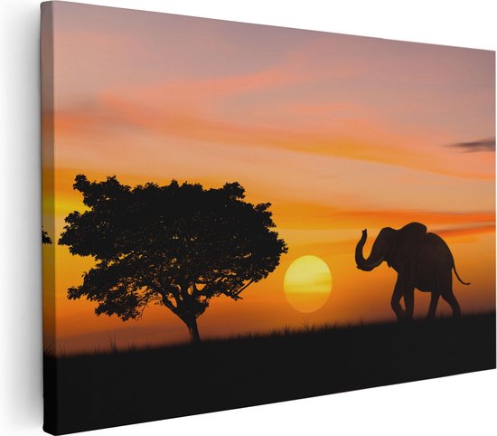Artaza Canvas Schilderij Olifant Silhouet Tijdens Zonsondergang  - 30x20 - Klein - Foto Op Canvas - Canvas Print