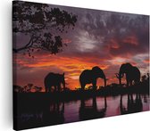 Artaza Canvas Schilderij Olifanten Tijdens Zonsondergang - Silhouet - 120x80 - Groot - Foto Op Canvas - Wanddecoratie Woonkamer