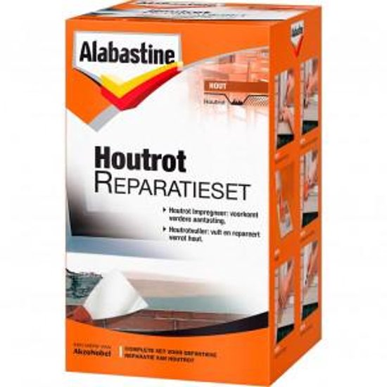 Alabastine Houtrot Reparatieset. Oranje verpakking met witte en grijze tekst. Bevat afbeeldingen van het reparatieproces.