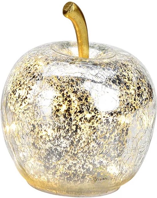 Pomme décorative en verre argenté avec tige dorée, éclairée par des LED chaudes.