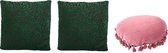Set van 3 kussentjes - 2x donker groen zwarte panterprint - 1x rond roze franjes - velours velvet fluweel - inclusief vulling - bohemian sierkussenset voor op de bank - 45 x 45 x 14 cm