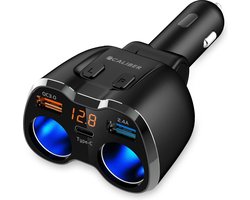 Caliber Autolader - Sigarettenaansteker Splitter - Auto Oplader - 12V usb Autolader - 2x USB A 1x USB C 12/24 V - Snellader - led met spanningsmeter