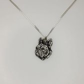 Franse Bulldog kop plat  - merk COOLDOG™ - in massief Zilver *inclusief zilveren ketting*