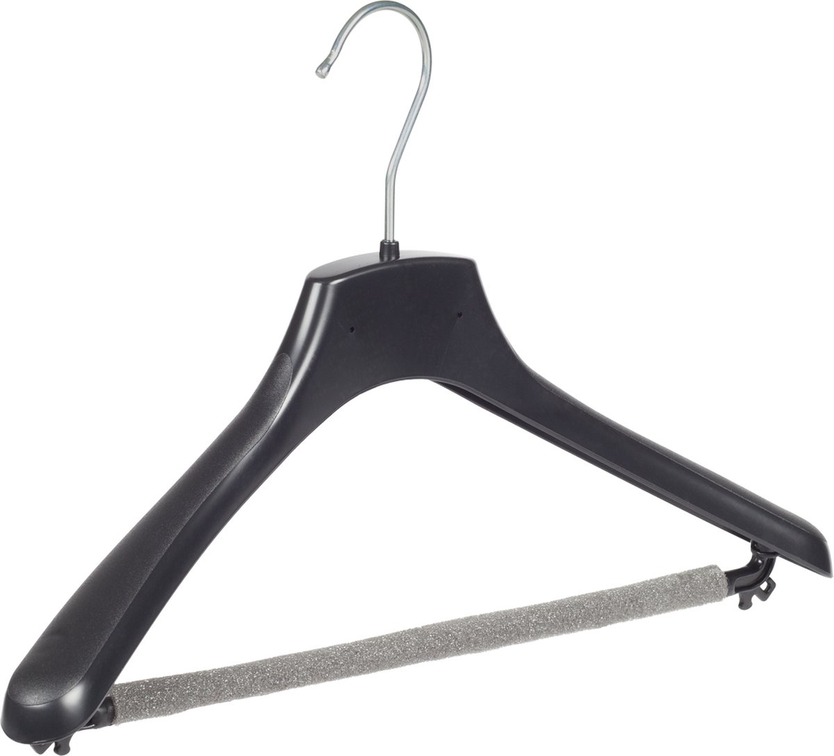 De Kledinghanger Gigant - 10 x Mantelhanger / kostuumhanger kunststof zwart met schouderverbreding en anti-slip broeklat (2 mm schuim), 38 cm